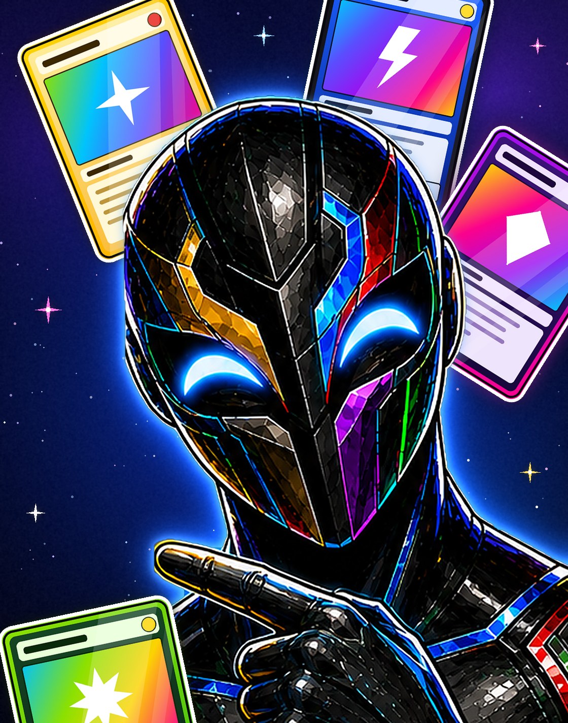 The Variant 616 mascot in black armor with glowing blue eyes, pointing, with trading cards floating behind